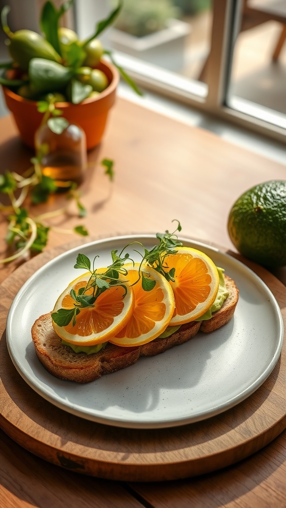 A slice of avocado toast topped with orange and lemon slices, garnished with fresh greens, on a wooden plate.