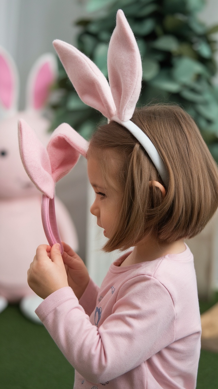 A child holding a pink bunny ears headband, looking closely at it.