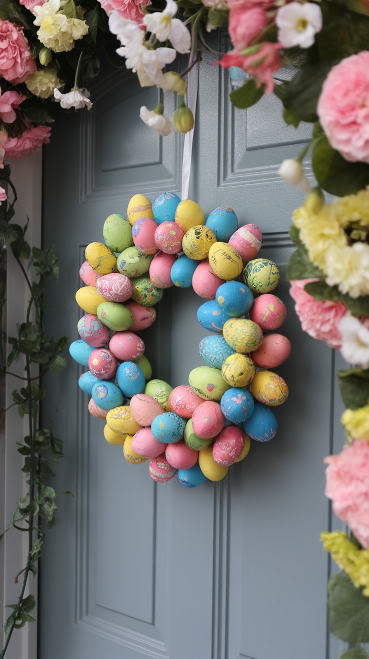 A colorful Easter egg wreath hanging on a door, decorated with pink, blue, green, and yellow eggs.
