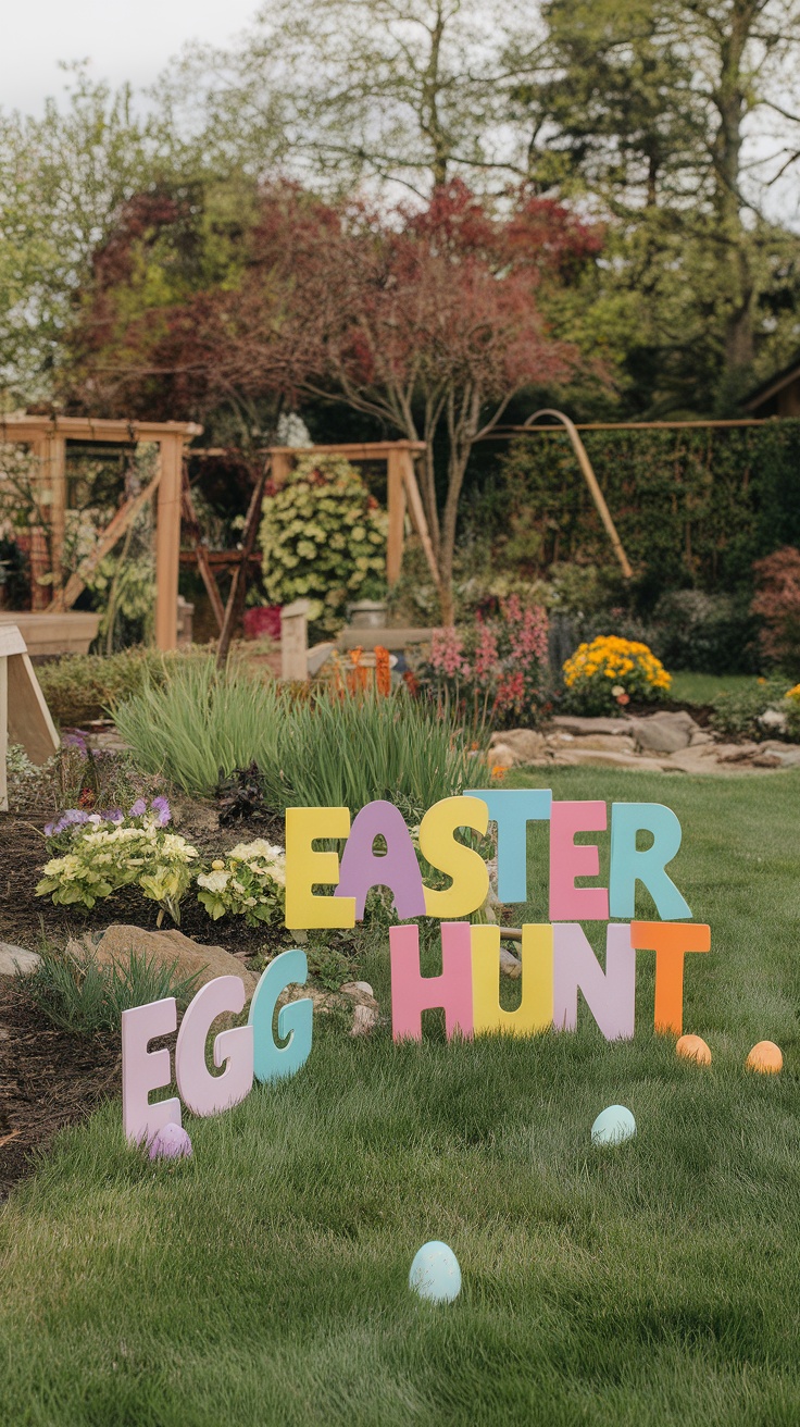Colorful DIY Easter Egg Hunt signs in a garden with pastel eggs.