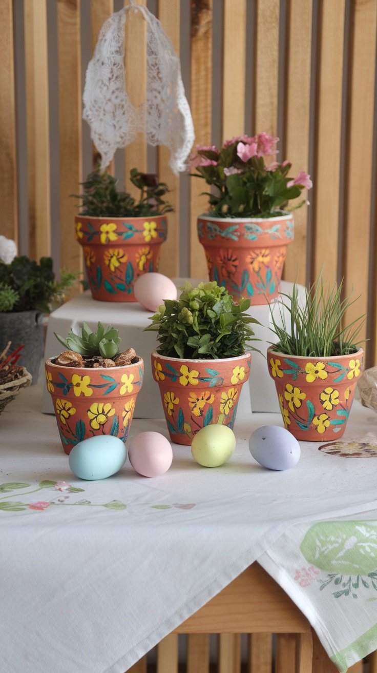 Colorful hand-painted terracotta pots with flowers and pastel Easter eggs
