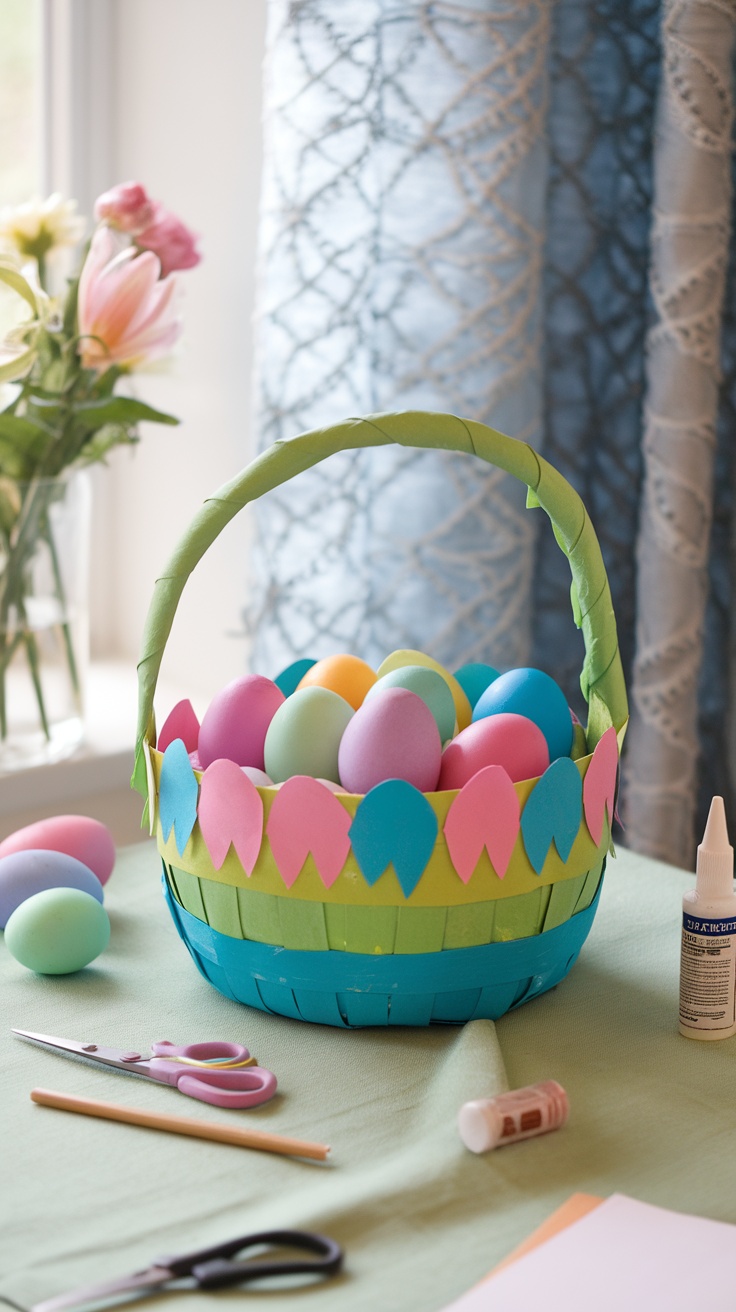 Colorful paper mache Easter basket filled with eggs, surrounded by crafting materials.