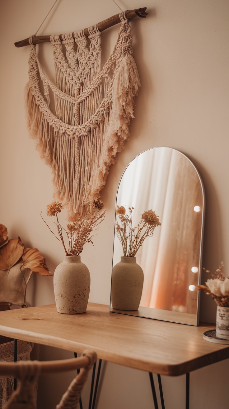 A boho chic dressing table featuring a mirror, dried flowers in vases, and a macramé wall hanging.
