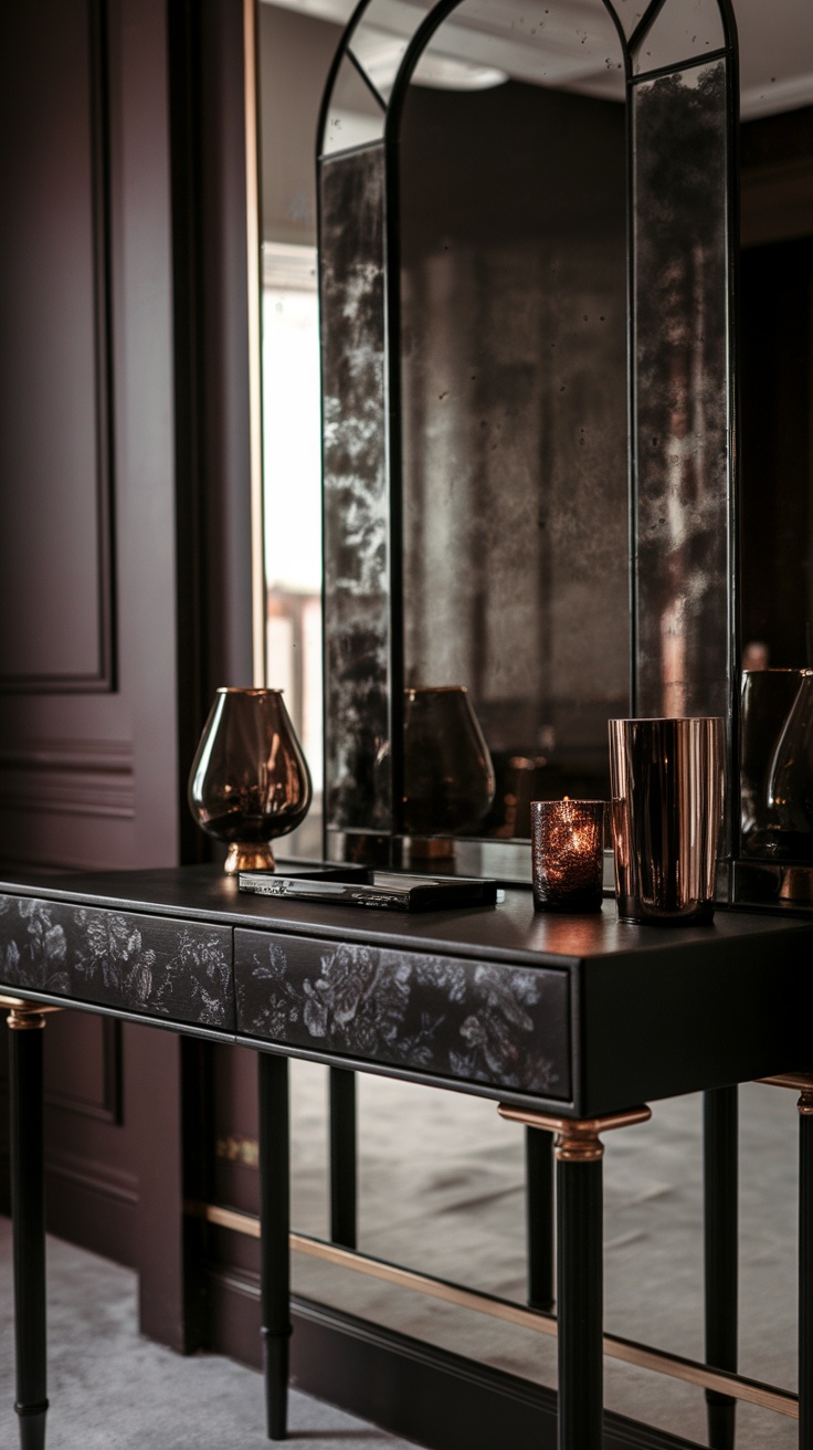 A dark and moody vanity setup featuring a black dressing table with floral patterns, a tall mirrored arch, and stylish decorative elements.