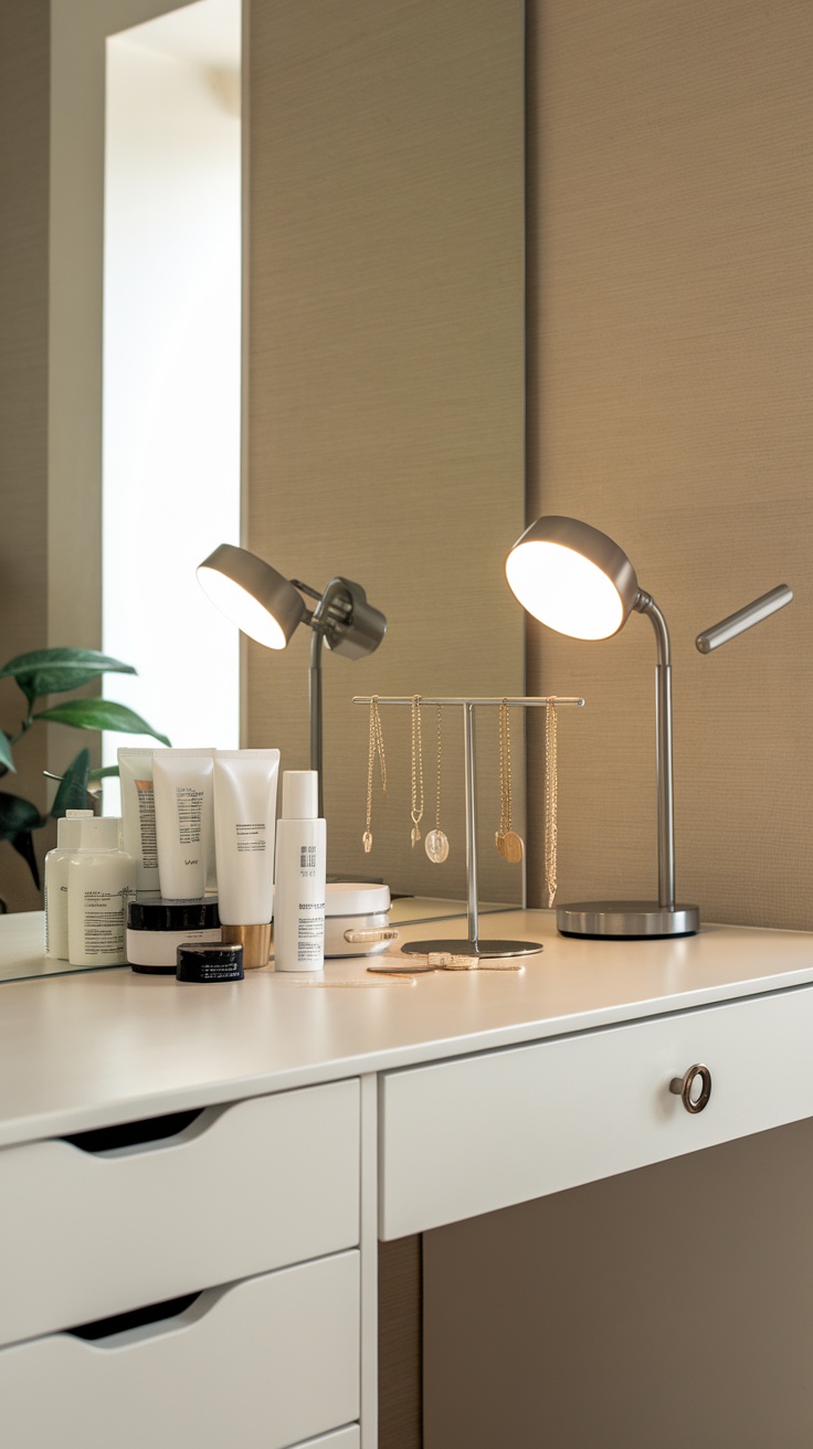 A modern dressing table with built-in storage, featuring skincare products, jewelry display, and lamps.
