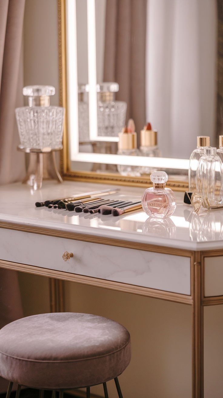 Elegant vanity setup featuring a marble dressing table, makeup brushes, perfume bottles, and a cozy stool.