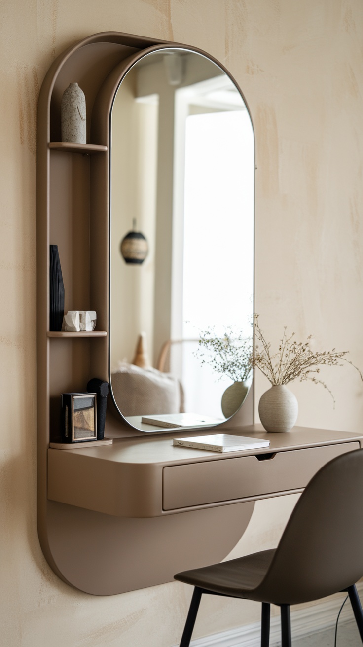 A modern floating wall-mounted vanity with a mirror, shelves, and a chair