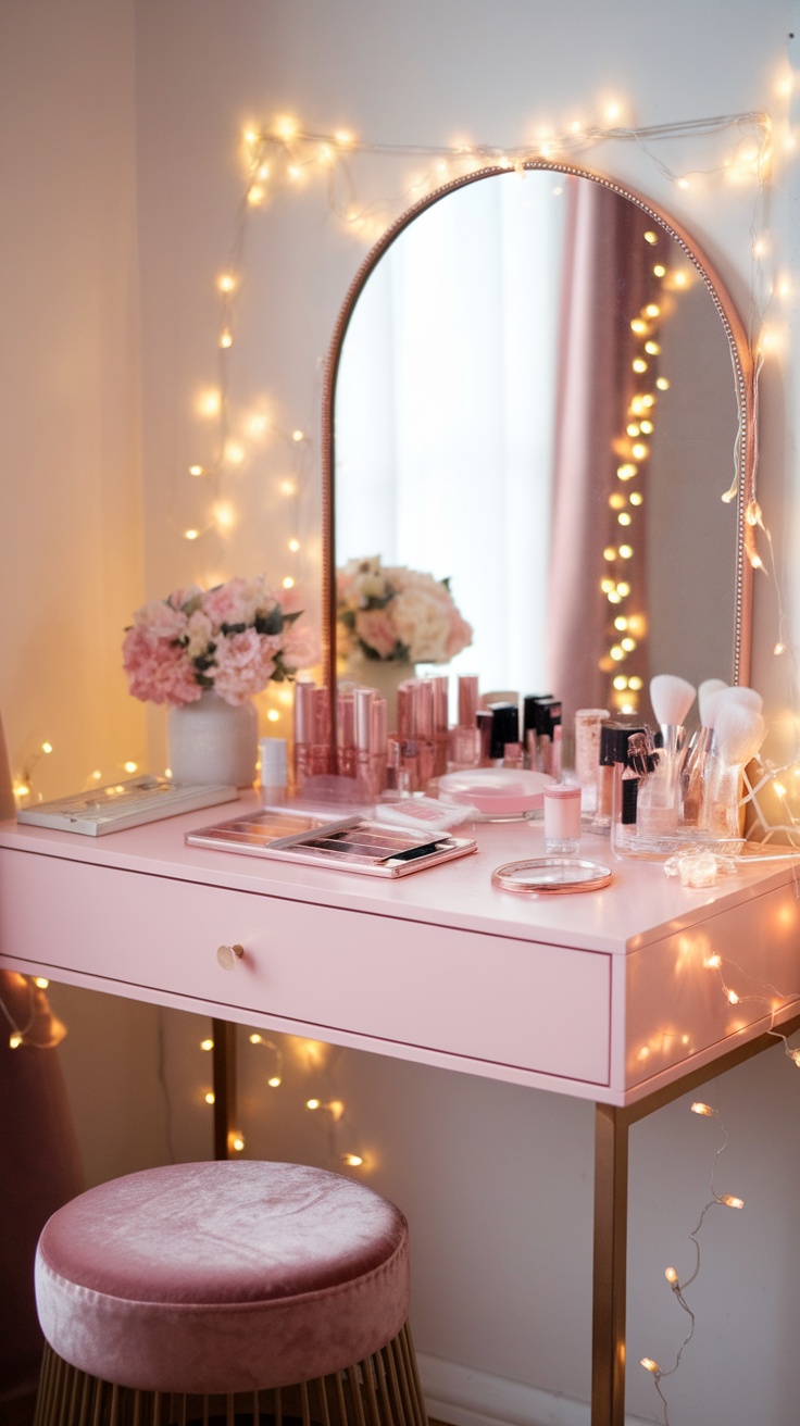 A pink dressing table beautifully decorated with lights, flowers, and beauty products.