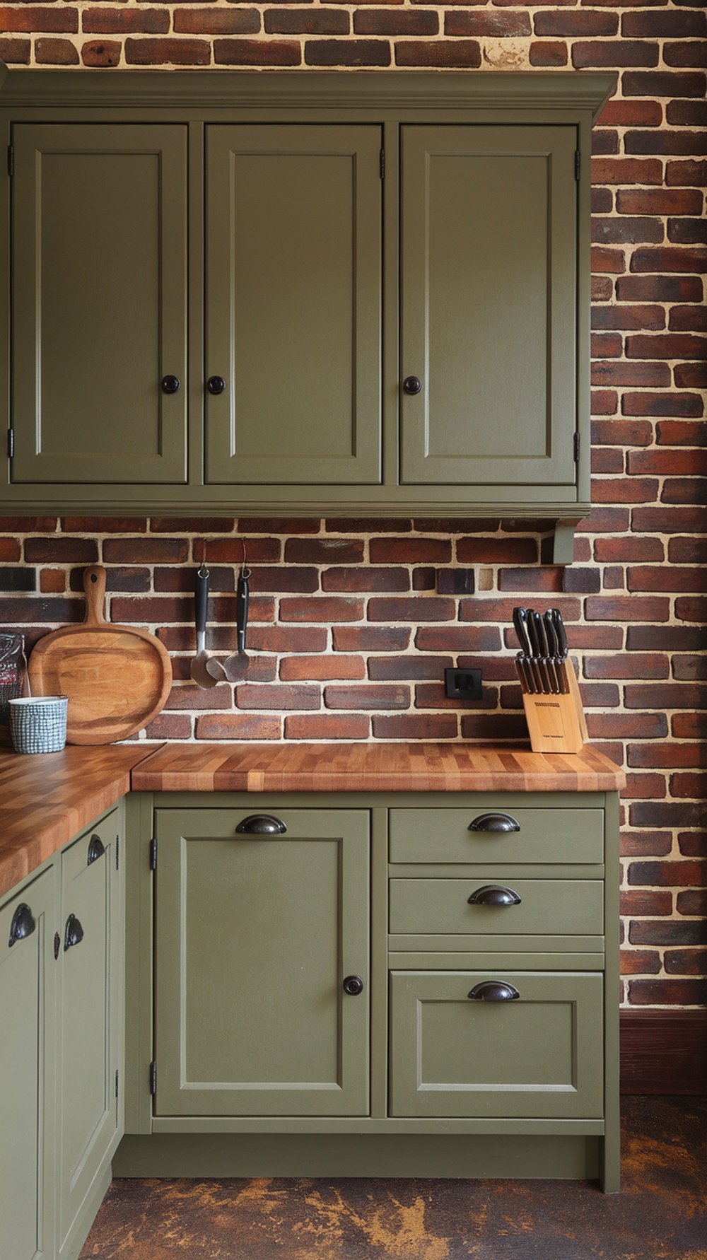 A green kitchen featuring exposed brick walls and wooden countertops, showcasing a cozy and modern design.