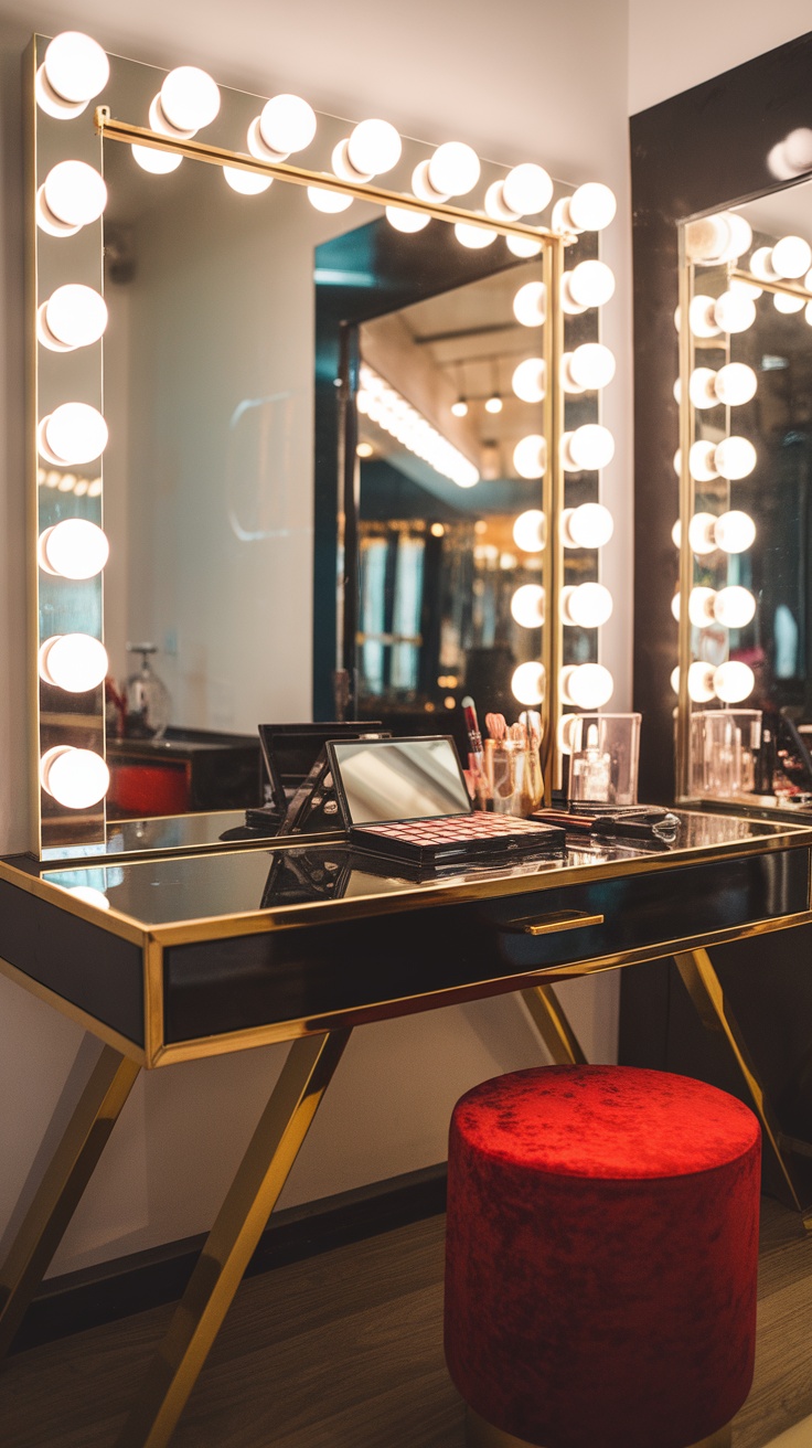 A Hollywood glam makeup vanity featuring a large mirror with bright lights, a sleek black surface, and a red stool.