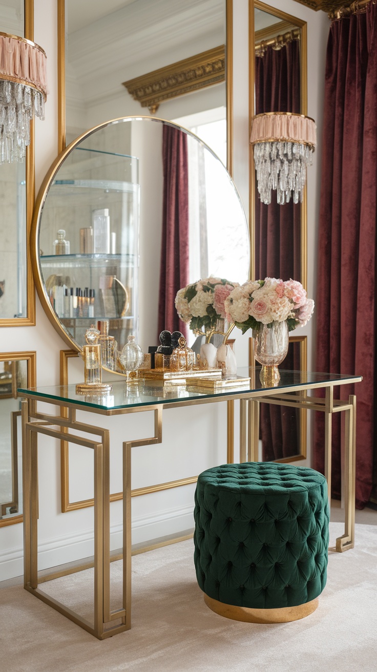 A luxury dressing table with a glass top and gold frame, featuring a round mirror and a deep green velvet stool.