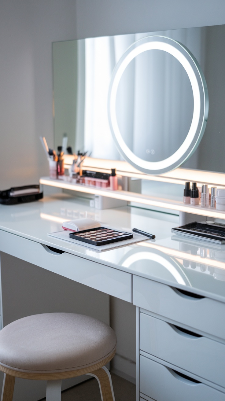 A modern makeup station featuring an LED mirror, organized makeup products, and a comfortable stool.