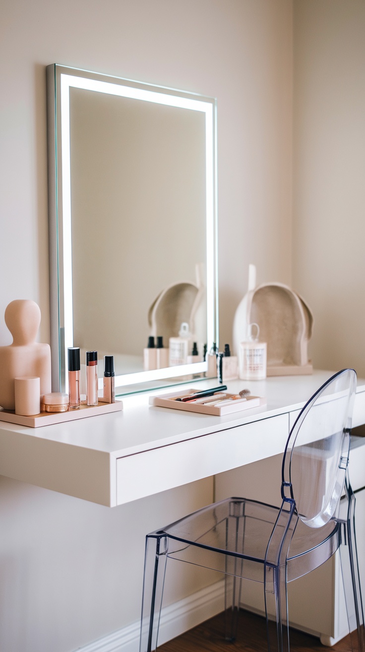 A modern minimalist vanity featuring a sleek white table, a lit mirror, and a transparent chair.