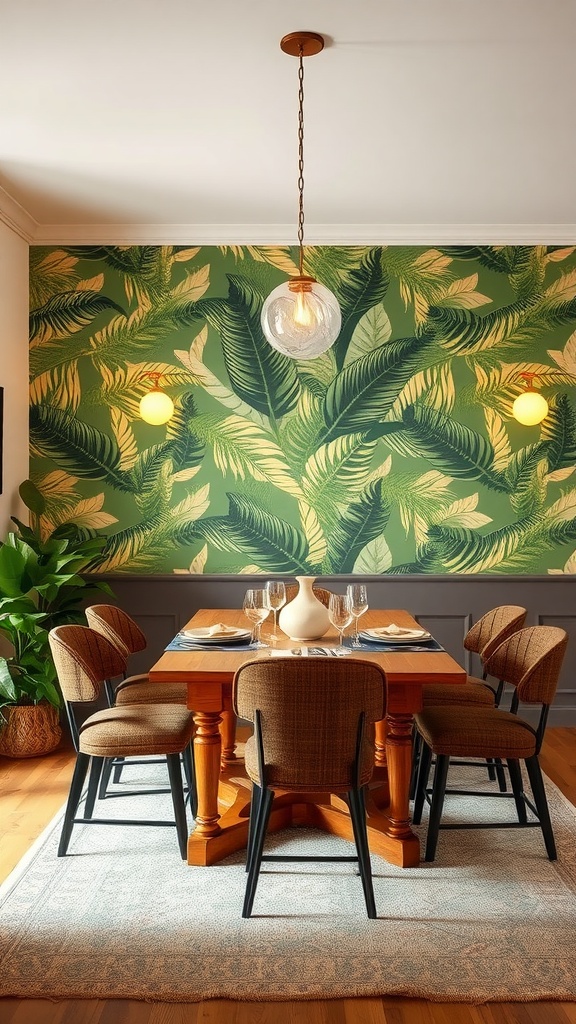 Dining area featuring olive green wallpaper with tropical leaf patterns.
