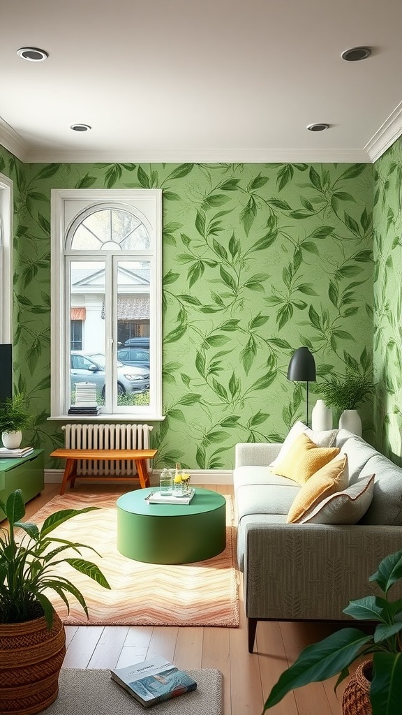 A living room with green wallpaper featuring nature motifs, complemented by stylish furniture and decor.