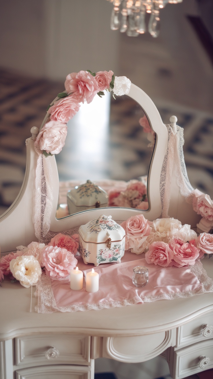 A romantic dressing table decorated with pink floral accents, a decorative box, soft lighting, and a mirror.