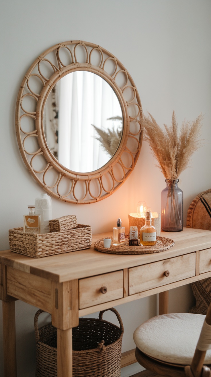 Rustic wooden dressing table with a round mirror, decorative items, and storage baskets