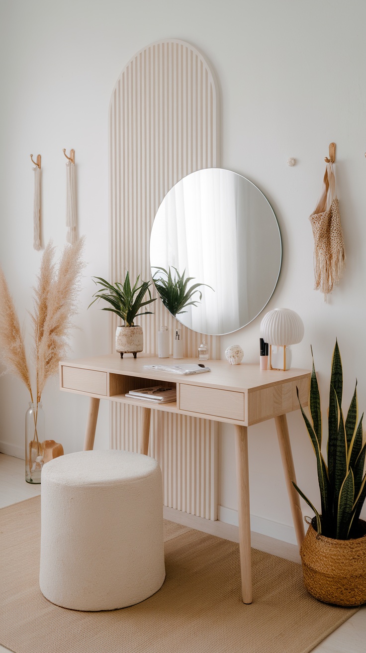 A Scandinavian dressing table setup featuring a wooden table, circular mirror, plants, and a cozy stool.