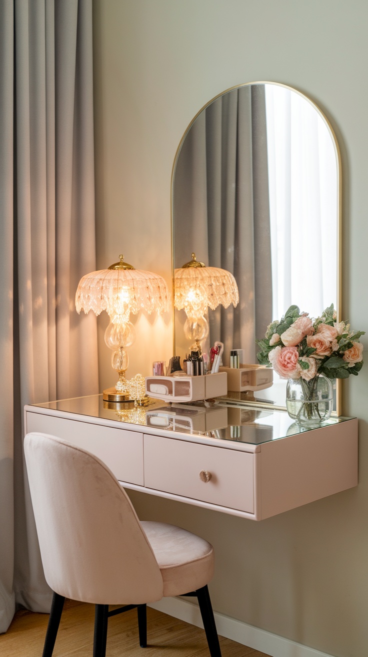 Small dressing table with a mirror, lamp, and flowers in a cozy bedroom