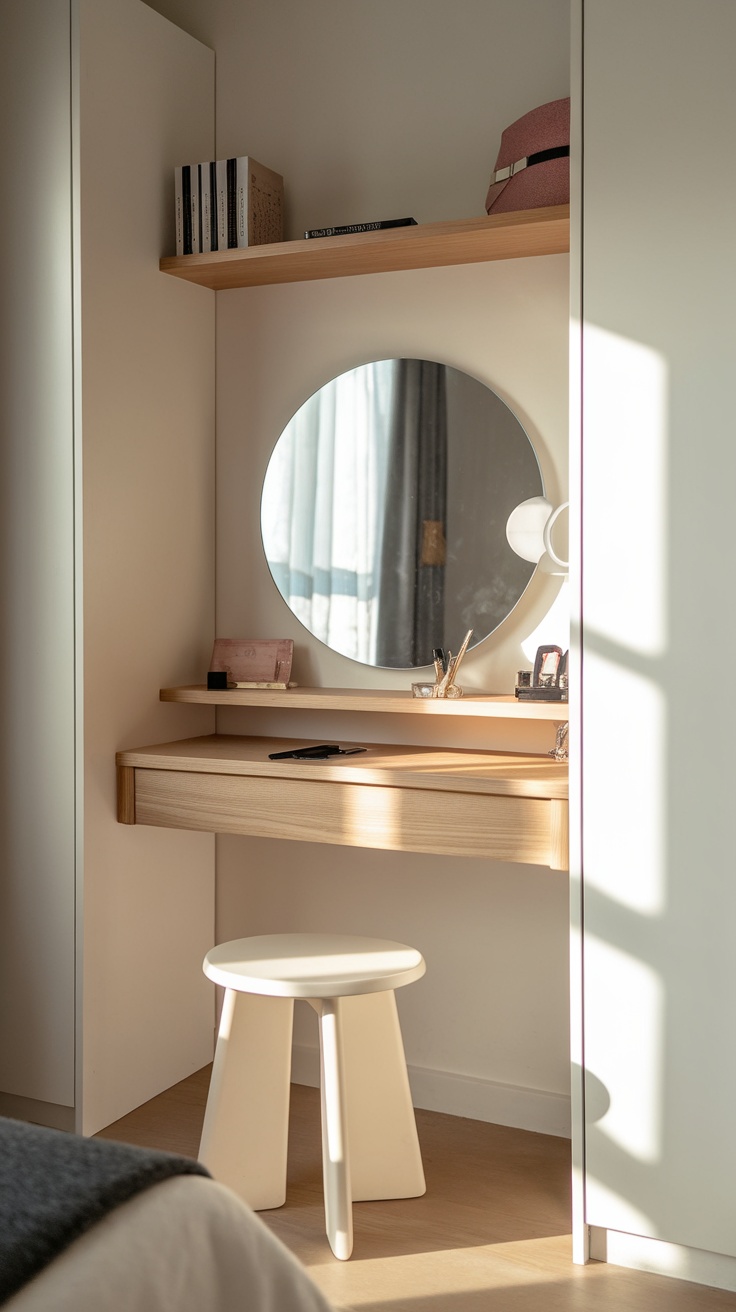 A small space dressing table with a round mirror, wooden shelf, and neatly organized items.