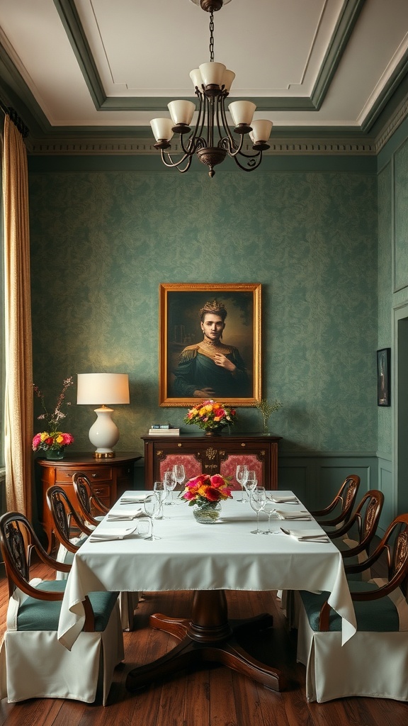 Dining room with green wallpaper featuring subtle textures.