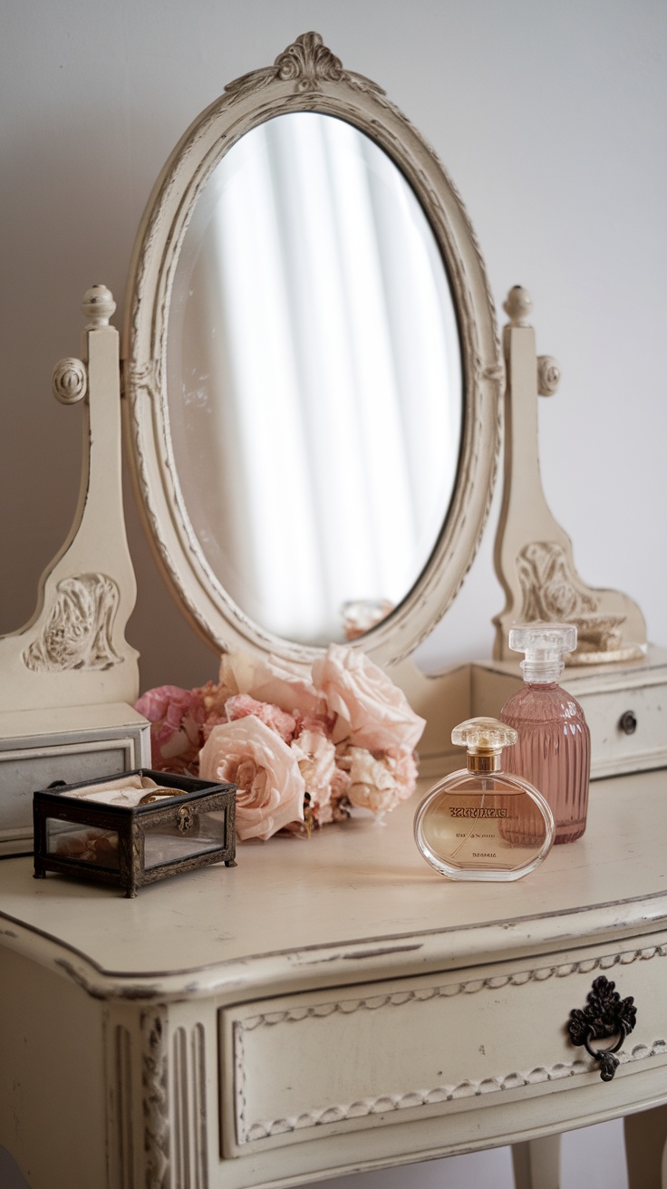 A vintage-inspired vanity table with an oval mirror, perfume bottles, and a jewelry box.