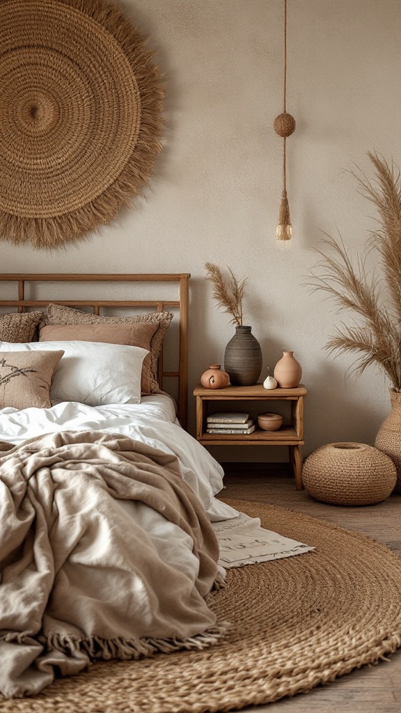 A cozy boho bedroom featuring earthy textures with woven elements and natural materials.