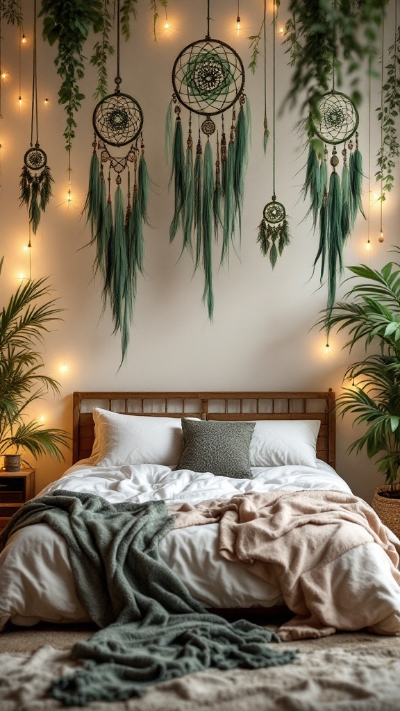 A cozy bedroom featuring green dreamcatchers hanging on the wall, adorned with soft blankets and plants.
