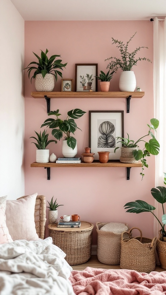 Stylish floating shelves adorned with various plants and decorative items against a pink wall.