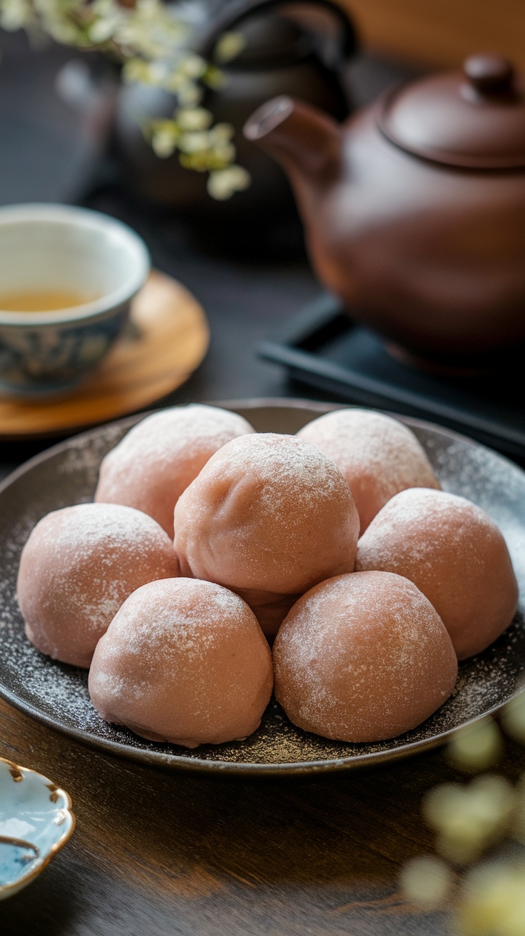 A plate of azuki bean mochi dusted with cornstarch, showcasing their chewy texture, with a traditional tea set in the background.