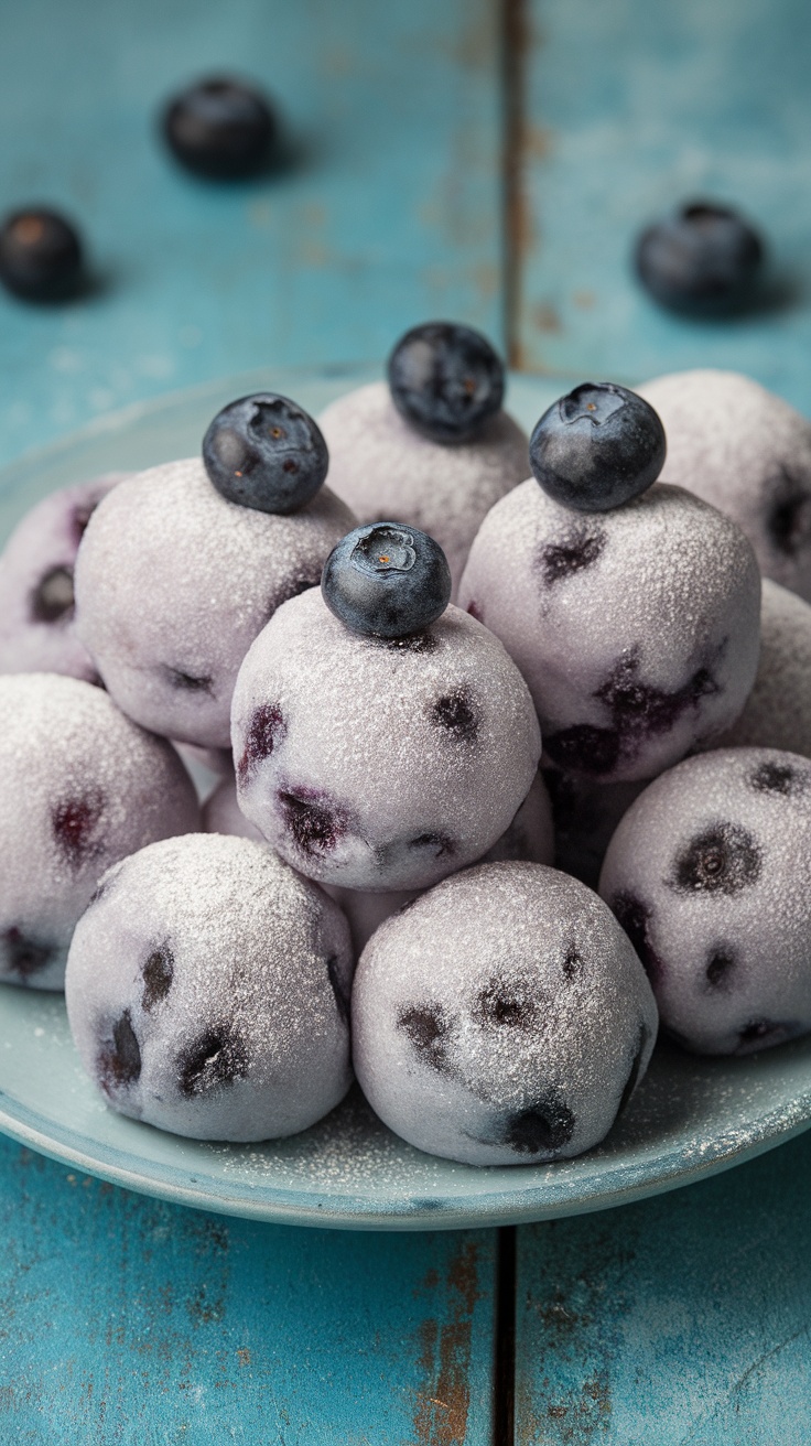 A plate of blue and white blueberry mochi, dusted with cornstarch, with fresh blueberries on a rustic wooden surface.
