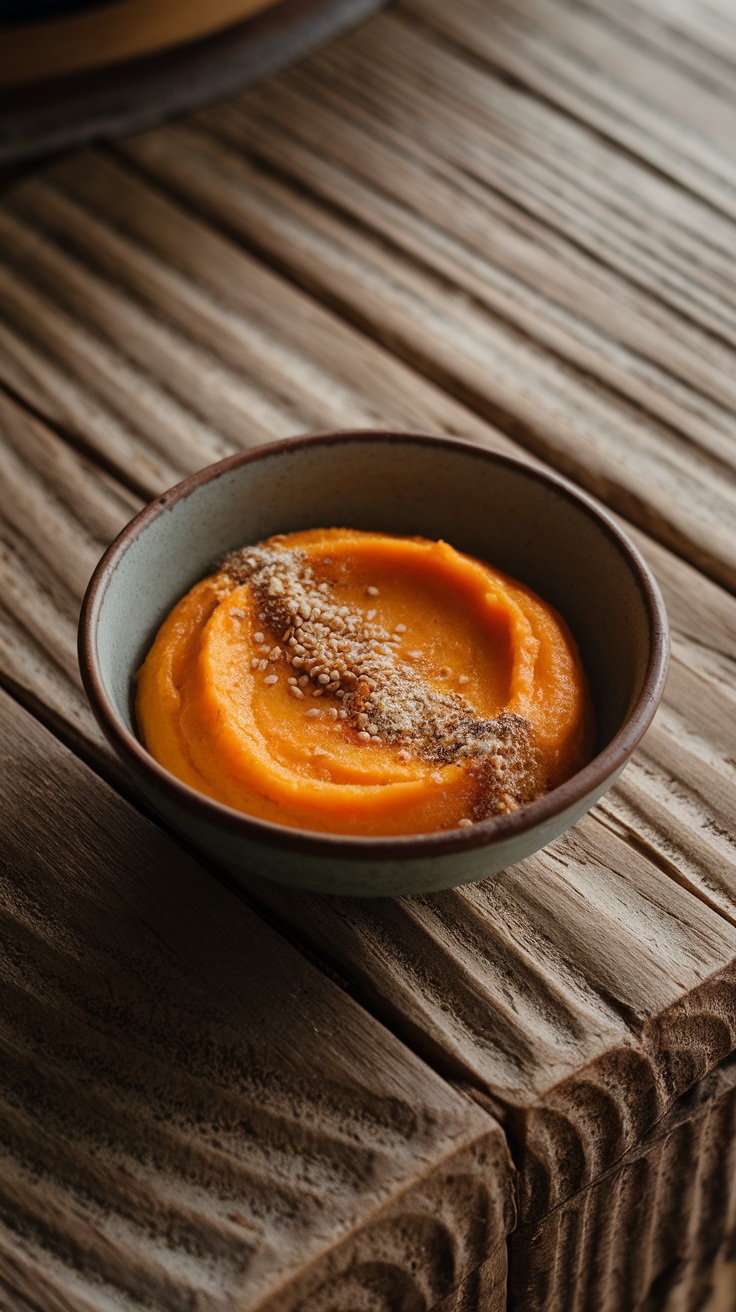 A bowl of creamy Japanese sweet potato dessert garnished with sesame seeds and kinako on a wooden table.