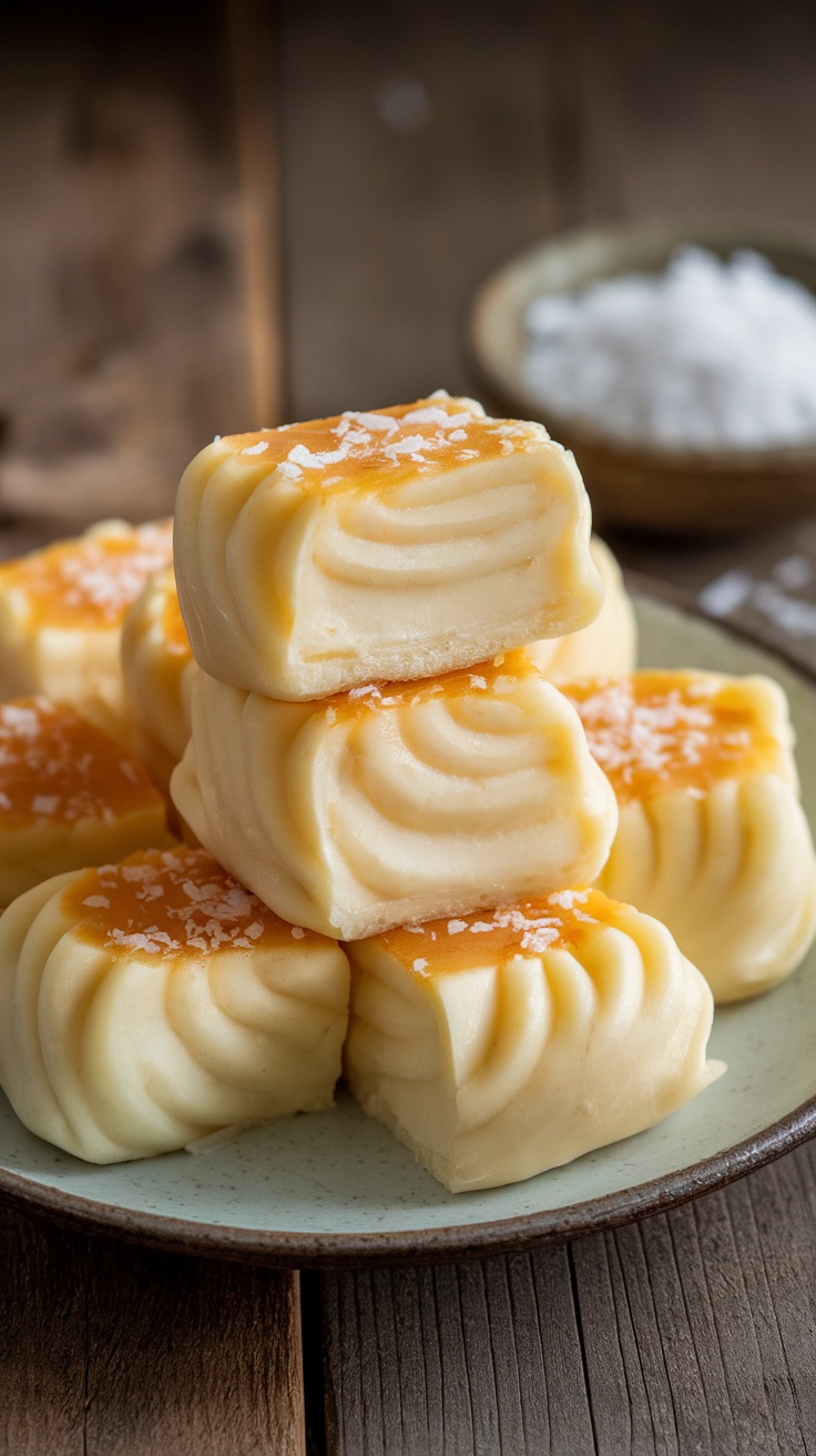 Sugar-free butter mochi pieces arranged on a plate, highlighting their chewy texture and golden color.