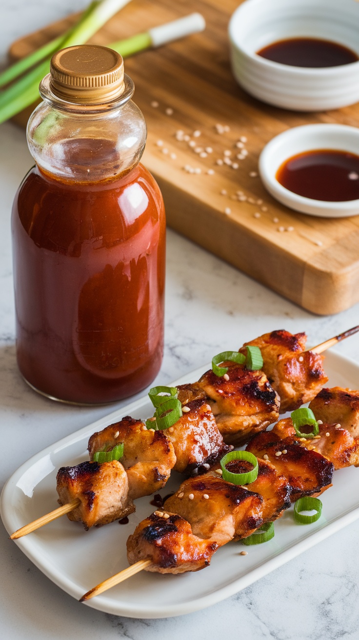 Homemade Japanese BBQ sauce in a bottle next to grilled chicken skewers, garnished with green onions and sesame seeds.