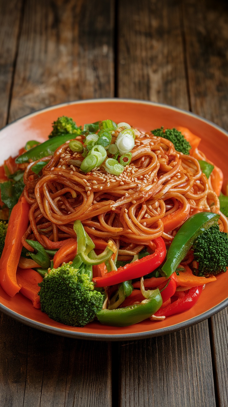 A plate of sautéed hibachi noodles with vegetables and garnished with green onions and sesame seeds.