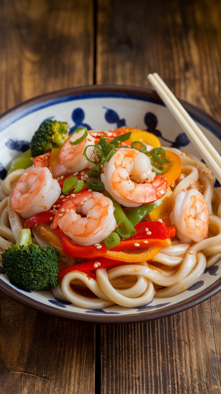 Shrimp Yaki Udon stir-fry with udon noodles, shrimp, vegetables, garnished with green onions and sesame seeds.