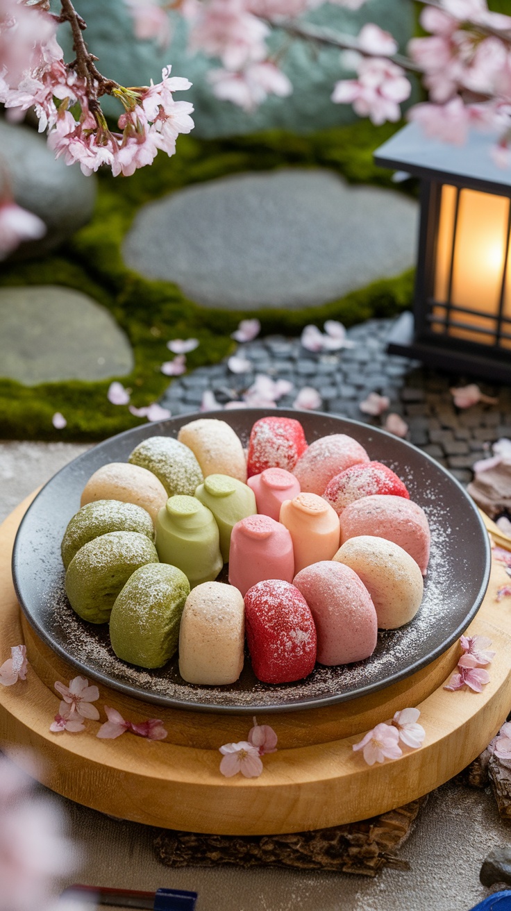 A variety of colorful mochi on a plate, including matcha and strawberry flavors, garnished with cherry blossoms.