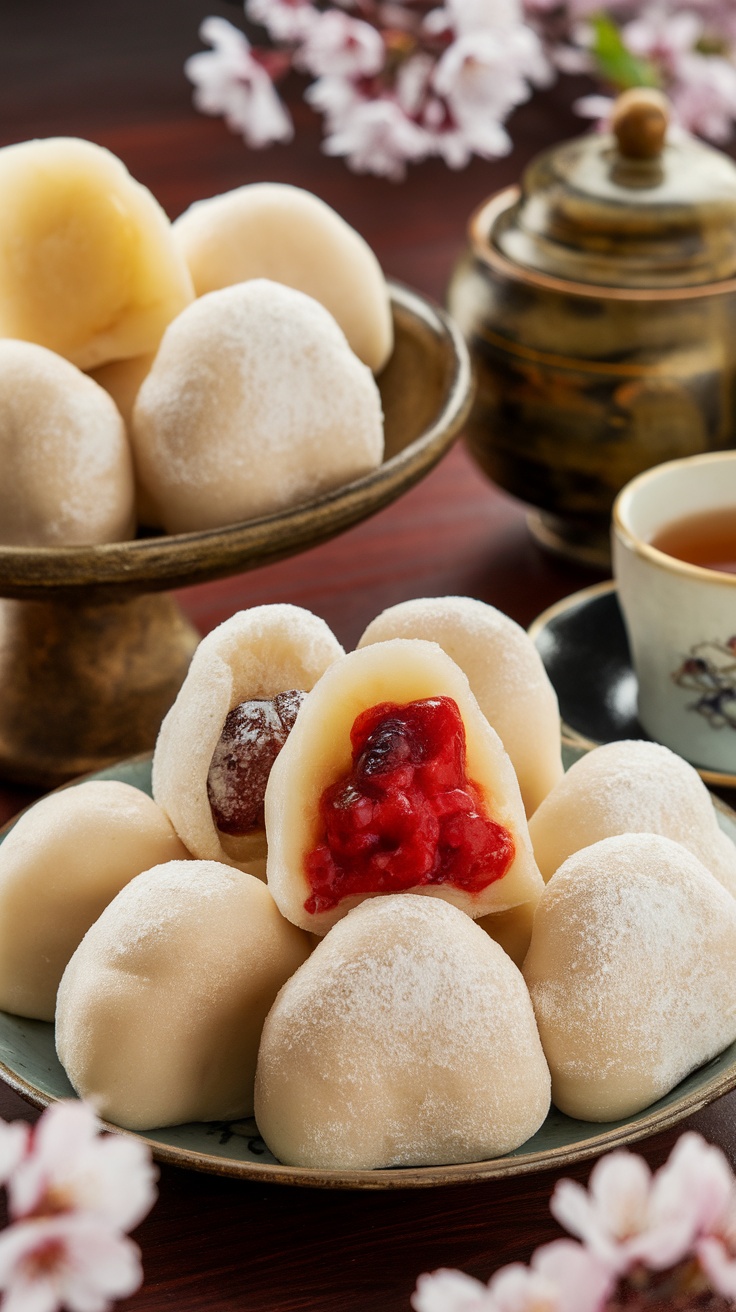 A plate of colorful mochi rice cakes filled with sweet red bean paste and fruit, dusted with cornstarch, alongside a traditional tea set.