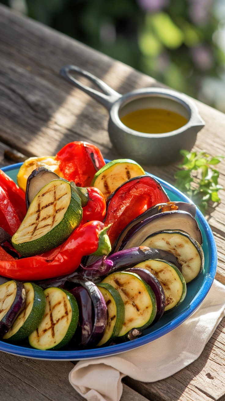 Légumes Grillés à la Plancha Assiette de légumes grillés à la plancha avec courgettes, poivrons et aubergines, servie sur une table en bois.