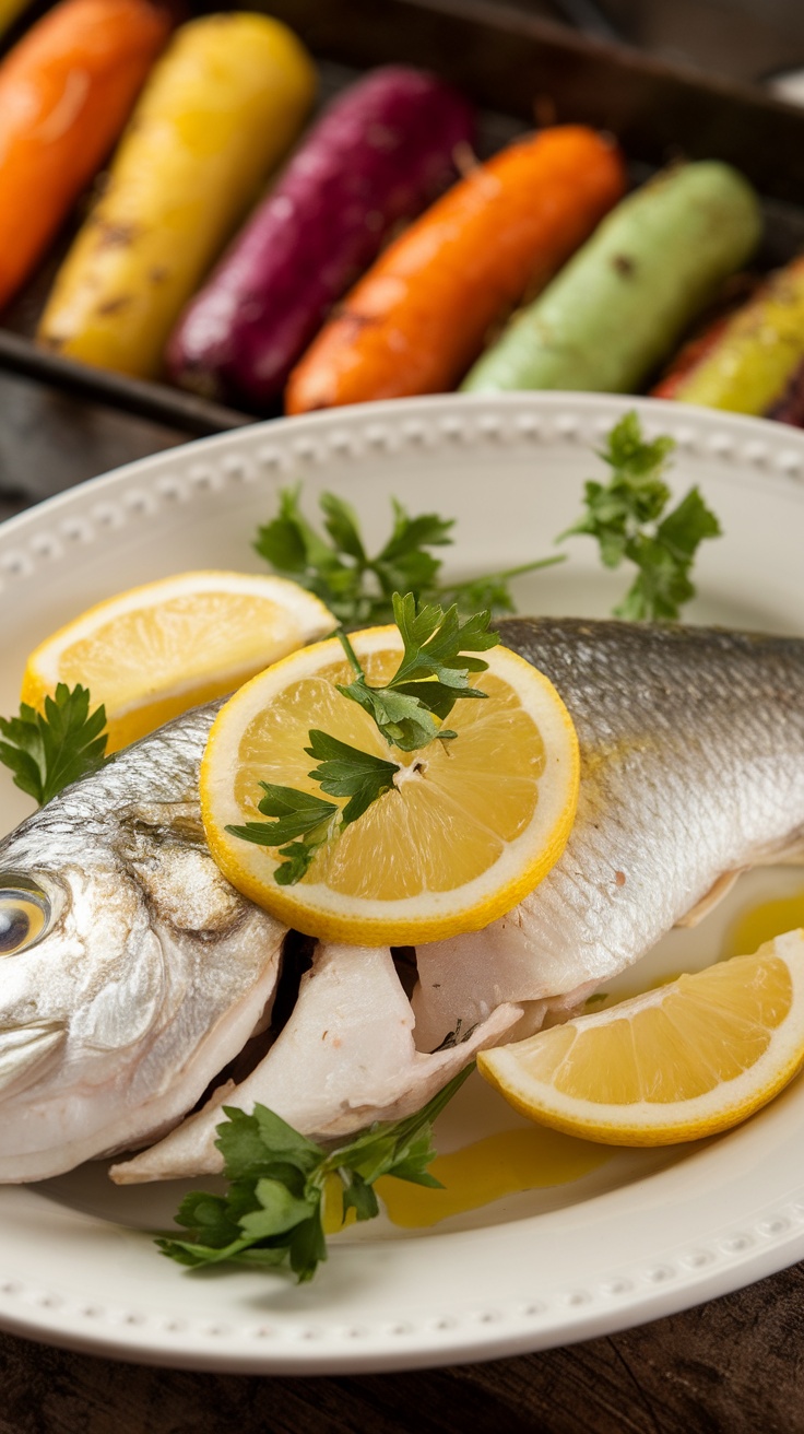 Filets de poisson blanc rôti au four, garnis de citron et de persil, avec des légumes rôtis en accompagnement.