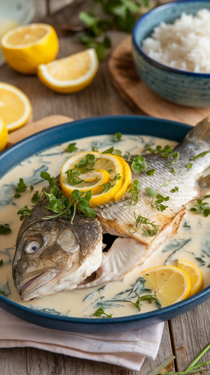 Poisson au Four au Lait de Coco et Citron Filets de poisson au four avec lait de coco et citron, garnis de coriandre sur une table rustique.