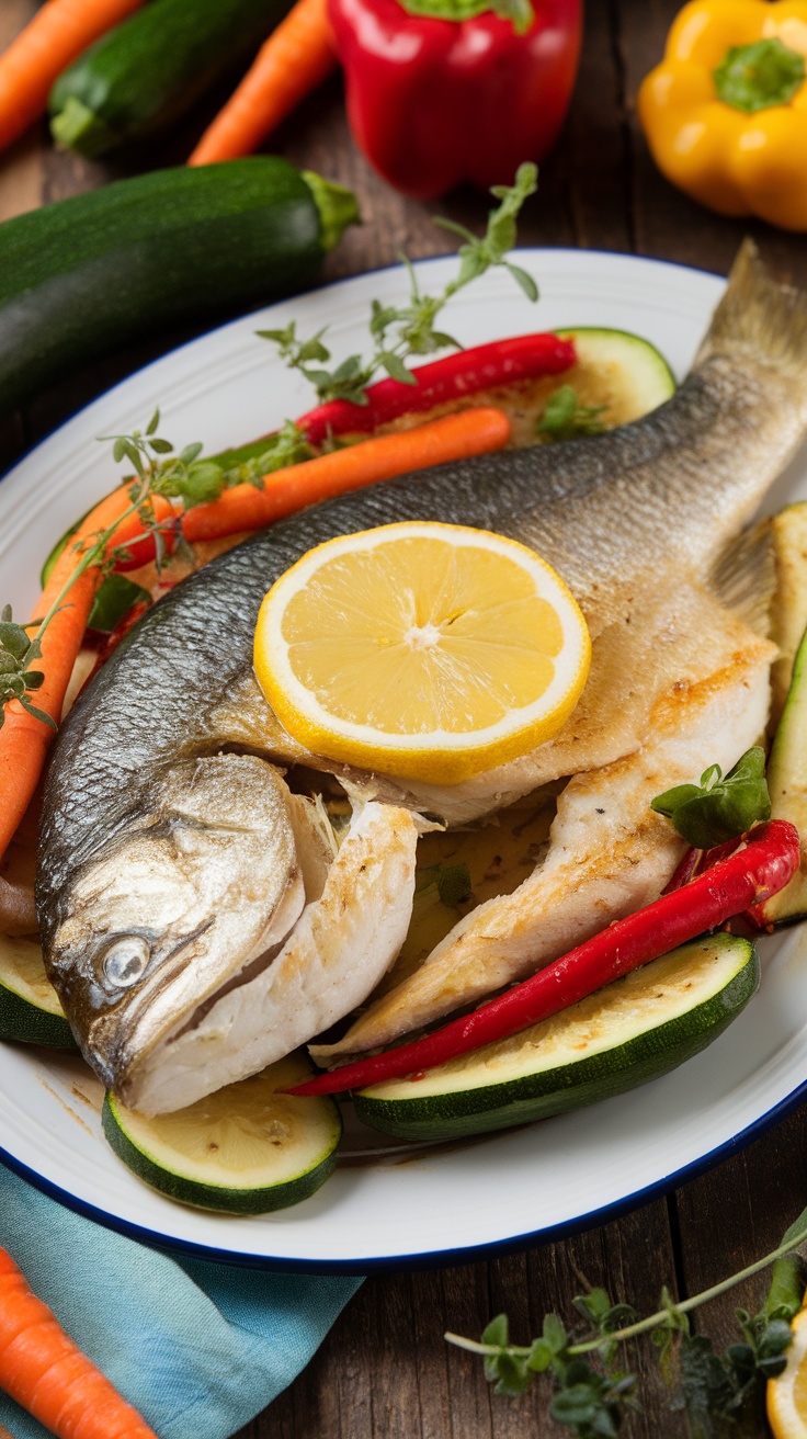 Poisson au Four aux Légumes Colorés Poisson au four avec légumes colorés sur une assiette blanche, prêt à être servi sur une table rustique.
