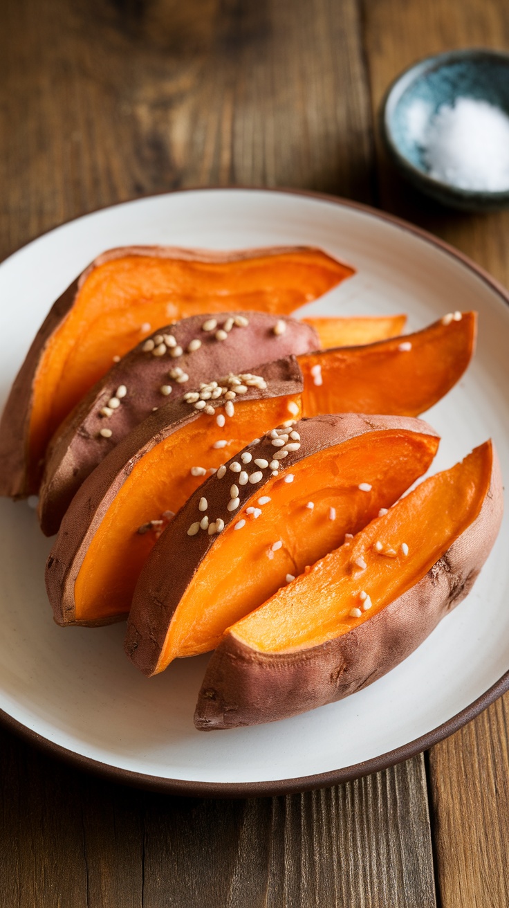 Plate of roasted Japanese sweet potatoes garnished with sesame seeds, on a rustic wooden table with salt.