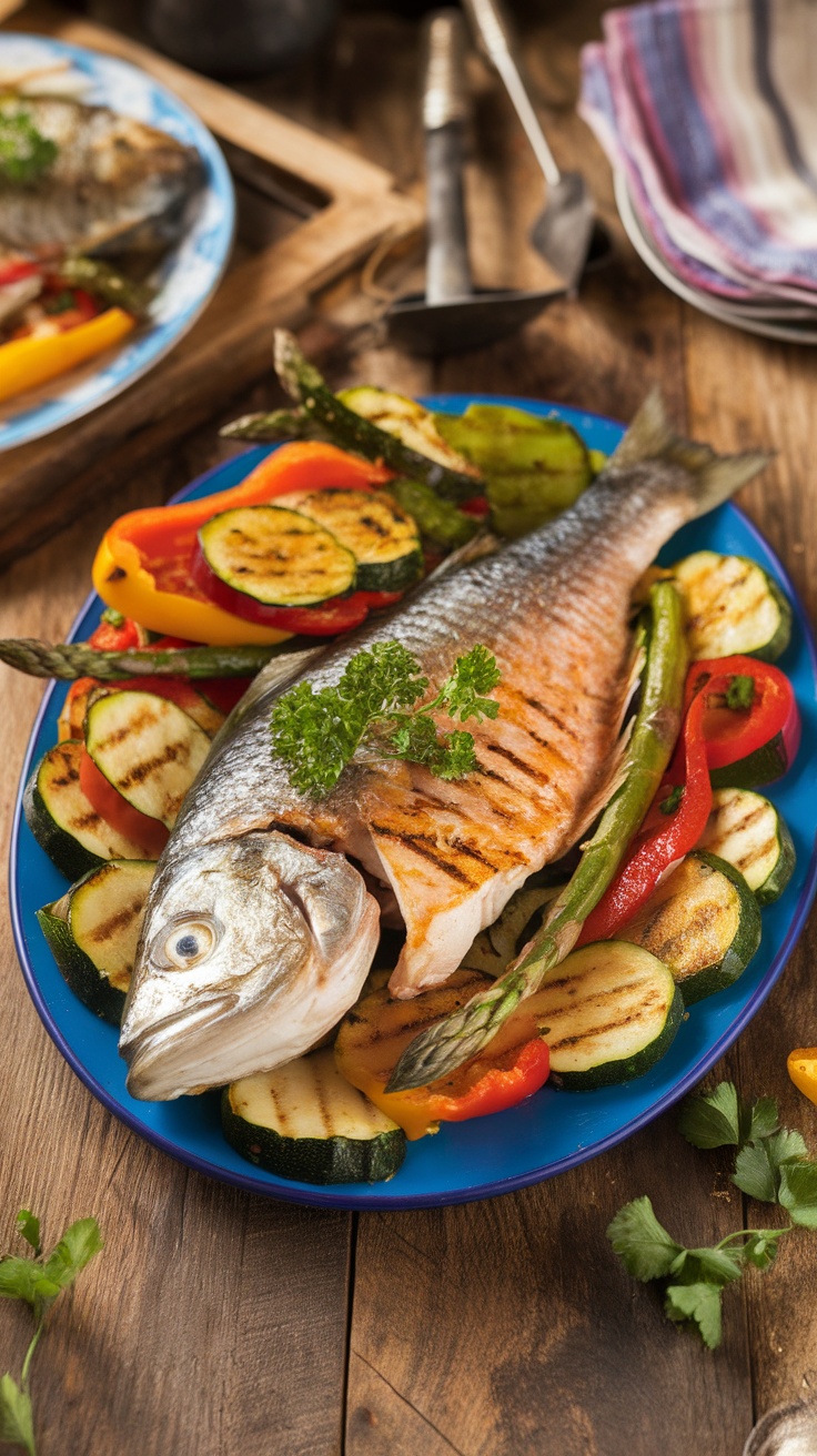 Recette de Poisson et Légumes à la Plancha Poisson grillé à la plancha avec des légumes colorés sur une assiette, garni de persil frais.
