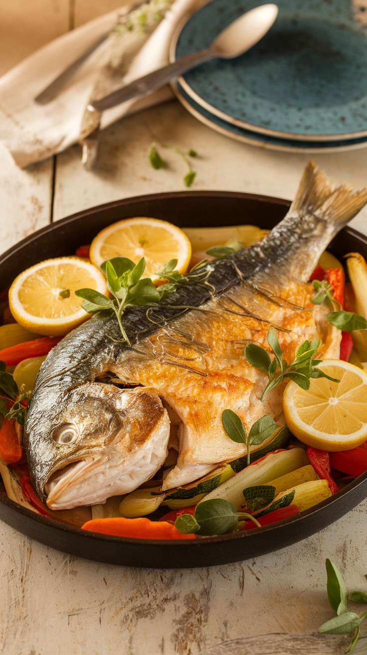 Filets de poisson cuits au four avec citron et herbes, sur une table rustique.