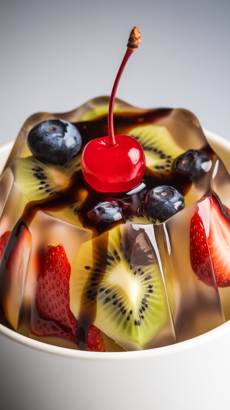 A bowl of Anmitsu, a Japanese jelly dessert with fruits, red bean paste, and syrup.