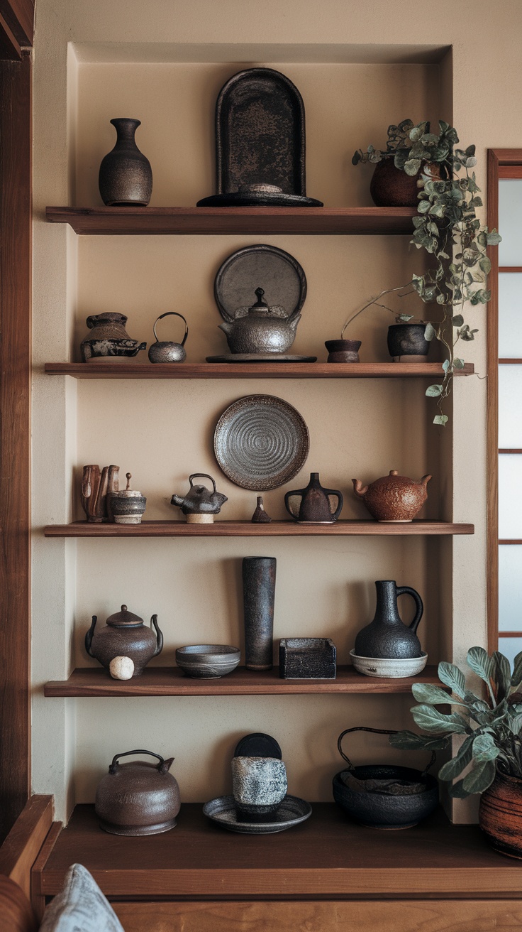 A wooden shelf displaying various Japanese ceramics and crafts, including teapots, vases, and decorative items, along with some greenery.