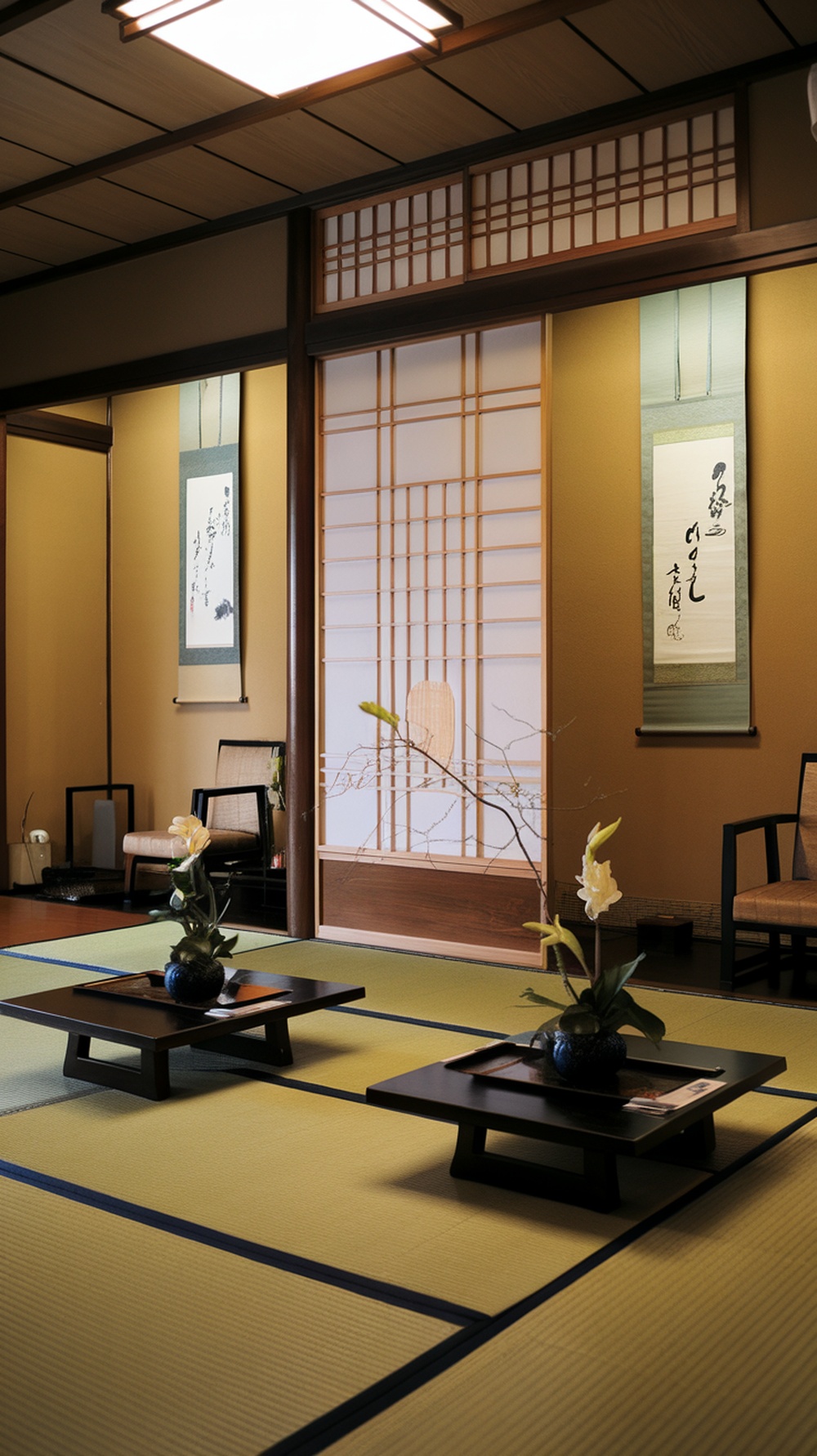A traditional Japanese living room featuring Ikebana floral arrangements.