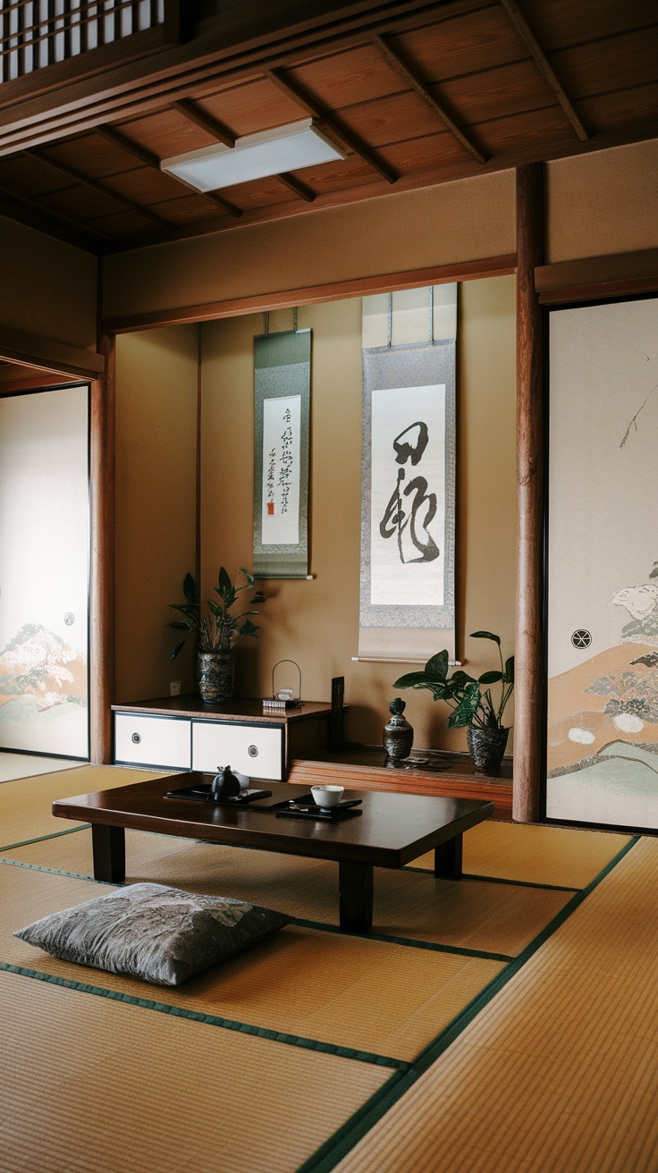 A Japanese room featuring artistic calligraphy decor with hanging scrolls, plants, and a traditional tea setup.