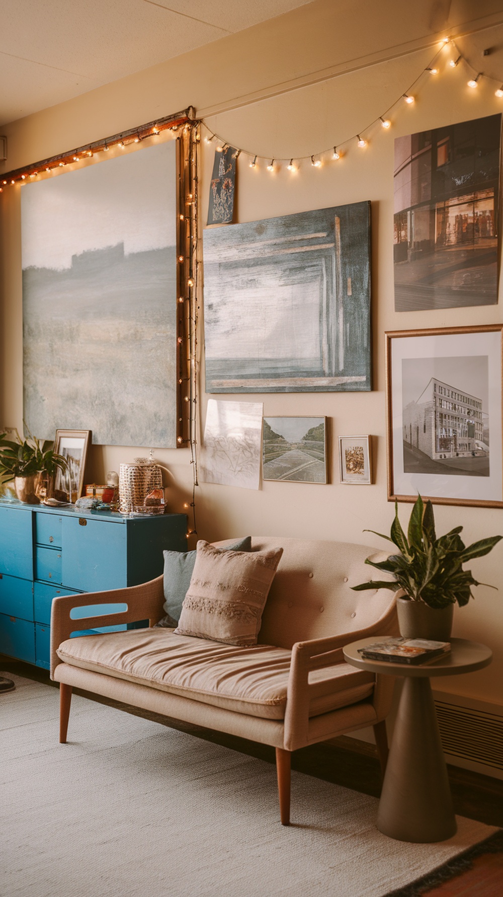 A small living room featuring a variety of artwork on the walls and cozy furnishings.